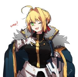 Rule 34 | 10s, 1girl, ahoge, armor, artist request, black shirt, blonde hair, blue cape, braid, breasts, cape, cosplay, excalibur galatine (fate), fate/extra, fate/grand order, fate (series), faulds, french braid, fur-trimmed cape, fur trim, gauntlets, gawain (fate), gawain (fate) (cosplay), green eyes, hair bun, hair intakes, hair ribbon, hand on own chest, highres, large breasts, looking at viewer, nero claudius (fate), nero claudius (fate) (all), nero claudius (fate/extra), one eye closed, open mouth, red ribbon, ribbon, shirt, simple background, single hair bun, smile, solo, sword, weapon, white background