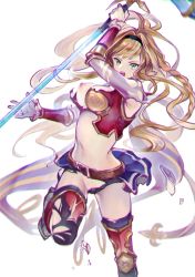 Rule 34 | 1girl, belt, black hairband, black thighhighs, blonde hair, blue skirt, blush, braid, breasts, brown belt, commentary, foot out of frame, granblue fantasy, hair intakes, hairband, hammer, holding, holding hammer, large breasts, long hair, looking at viewer, miniskirt, nipples, open mouth, red vest, riuhi, simple background, skirt, solo, thighhighs, torn clothes, vest, white background, zeta (granblue fantasy)