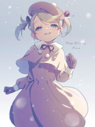 Rule 34 | 1girl, ana (mother), blonde hair, blue eyes, blurry, blush, brown gloves, buttons, capelet, character name, depth of field, dot nose, dress, gloves, grin, hair ribbon, happy birthday, highres, looking at viewer, mother (game), mother 1, nintendo, pink capelet, pink dress, pink headwear, pom pom (clothes), puffy sleeves, red ribbon, ribbon, shifumame, short hair, short twintails, smile, snow, solo, twintails, winter clothes