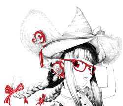 Rule 34 | 1girl, :p, animal ears, black hair, blunt bangs, bow, braid, buttons, eim (gaziko), eyelashes, glasses, hair ribbon, hand on headwear, hat, headphones, highres, horned girl (jaco), horns, jaco, looking at viewer, monochrome, original, portrait, red-framed eyewear, red eyes, ribbon, sidelocks, simple background, solo, straw hat, tongue, tongue out, twin braids, white background, witch hat