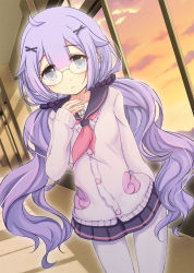 Rule 34 | 1girl, :o, ahoge, anchor symbol, azur lane, bespectacled, black sailor collar, black scrunchie, black skirt, blush, cardigan, commentary request, glasses, hair between eyes, hair ornament, hair scrunchie, hairclip, hand up, highres, indoors, long hair, long sleeves, looking at viewer, low twintails, neckerchief, open mouth, pantyhose, parted lips, pink neckerchief, pleated skirt, purple eyes, purple hair, sailor collar, school uniform, scrunchie, serafuku, shirt, skirt, sleeves past wrists, solo, standing, sukireto, sunset, twintails, unicorn (long-awaited date) (azur lane), unicorn (azur lane), unicorn (long-awaited date) (azur lane), very long hair, white cardigan, white pantyhose, white shirt, window, x hair ornament