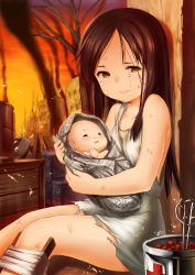 Rule 34 | 1girl, baby, baby carry, bandages, brown eyes, brown hair, carrying, closed eyes, cross, crying, crying with eyes open, highres, long hair, looking at viewer, newspaper, open mouth, original, red cross, sankyaku tako, sitting, smile, smoke, tears, torn clothes, war