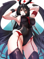 Rule 34 | 1girl, alternate costume, animal ear hairband, animal ears, armband, armpits, arms behind head, arms up, black hair, black leotard, black thighhighs, black wings, blue archive, breasts, commentary, curvy, fake animal ears, fake tail, feathered wings, groin, hair between eyes, hairband, halo, hasumi (blue archive), highleg, highleg leotard, highres, komena (shinyday312), large breasts, leotard, long hair, long hair between eyes, looking at viewer, mole, mole under eye, playboy bunny, rabbit ear hairband, rabbit ears, rabbit tail, red armband, red eyes, red garter belt, red garter straps, shiny skin, sideboob, solo, sweatdrop, tail, thighhighs, very long hair, wide hips, wings, wristband