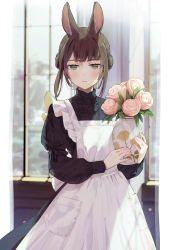 Rule 34 | 1girl, :&lt;, alternate costume, animal ears, apron, black dress, blunt bangs, blurry, blush, bouquet, brown hair, closed mouth, day, dress, enmaided, expressionless, flower, glaring, green eyes, holding, holding pot, holding vase, indoors, jitome, long sleeves, looking at viewer, maid, maid apron, maid headdress, original, pink flower, pink rose, pot, puffy sleeves, rabbit ears, rose, short hair, sidelocks, solo, syuri22, white apron, white headdress, window