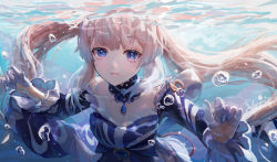 Rule 34 | 1girl, air bubble, blue eyes, blunt bangs, blush, bow, bowtie, bubble, detached collar, frilled sleeves, frills, genshin impact, gloves, long hair, looking at viewer, ocean, outstretched arms, pink hair, sangonomiya kokomi, sealgege, smile, solo, spread arms, twintails, underwater, water, water drop, white gloves