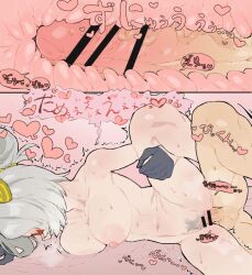 Rule 34 | 1boy, 1girl, 2koma, bar censor, bed sheet, black gloves, blonde hair, breasts, censored, comic, commentary request, completely nude, cross-section, deep penetration, eyewear on head, female pubic hair, gloves, grey hair, hair ornament, hair stick, half gloves, heart, hetero, large breasts, leg lift, link, medium hair, navel, nintendo, nipples, nude, open mouth, penis, pink background, pubic hair, purah, red-framed eyewear, round eyewear, sex, sheet grab, sheikah, short hair, speech bubble, spooning, spread legs, testicles, the legend of zelda, the legend of zelda: tears of the kingdom, translation request, yutaka (yutakadeath)