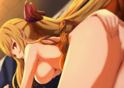 Rule 34 | 10s, 1girl, all fours, bad id, bad pixiv id, belt, blonde hair, blurry, bottomless, bow, breasts, ceiling, clothes pull, depth of field, dress pull, eyelashes, from behind, granblue fantasy, hair bow, hands on ass, large breasts, long hair, looking at viewer, no bra, out-of-frame censoring, parted lips, ponytail, re:re:re:, red bow, red eyes, revision, shade, sidelocks, solo, very long hair, vira (granblue fantasy)