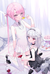 Rule 34 | 2girls, :q, absurdres, bare arms, black choker, black dress, black footwear, black ribbon, blush, candy, choker, collared dress, commentary, cup, dress, drinking glass, english commentary, food, grey hair, hair ornament, hairband, hairclip, highres, holding, holding cup, kneeling, koyubita, loafers, lollipop, long hair, looking at viewer, mary janes, medium hair, multiple girls, neck ribbon, on bed, original, pillow, pink eyes, pink hair, pleated dress, red eyes, ribbon, shoes, short dress, sidelocks, single thighhigh, sitting, skindentation, sleeveless, sleeveless dress, smile, socks, spaghetti strap, stuffed animal, stuffed toy, thigh strap, thighhighs, tongue, tongue out, twintails, very long hair, wariza, white dress, white socks, white thighhighs, wine glass