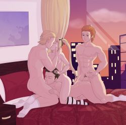 Rule 34 | 1girl, 3boys, abs, anal, ass, bed, bedroom, bisexual male, blonde hair, breasts, brown hair, city, closed eyes, commission, crossover, curtains, dead or alive, dead or alive 5, erection, evening, fellatio, group sex, highres, hwoarang, indoors, jann lee, kiss, marie rose, multiple boys, muscular, nipples, nude, oral, orange hair, pectorals, penis, robo whiskers, sex, smile, socks, steve fox, tekken, testicles, thighs, uncensored, wince, window
