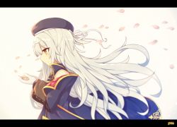 Rule 34 | 1girl, azur lane, bare shoulders, beige background, blue dress, blue jacket, character name, closed mouth, commentary request, dress, gloves, hair between eyes, hands up, jacket, letterboxed, long hair, off shoulder, petals, profile, shinopoko, silver hair, sleeveless, sleeveless dress, solo, very long hair, white gloves, yellow eyes, z46 (azur lane)