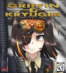Rule 34 | 1girl, absurdres, assault rifle, black hair, brown eyes, command and conquer, commission, eyepatch, girls&#039; frontline, goggles, goggles on head, gun, highres, m16, m16a1 (girls&#039; frontline), m16a2, magazine (weapon), mole, mole under eye, multicolored hair, orange hair, parody, rifle, serjatronic, solo, streaked hair, upper body, weapon