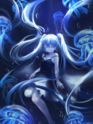 Rule 34 | 1girl, absurdly long hair, absurdres, barefoot, black dress, blue bow, blue hair, bow, breasts, bubble, cleavage, closed eyes, closed mouth, collarbone, dress, floating hair, hair between eyes, hair bow, hatsune miku, highres, long hair, noneon319, off shoulder, shinkai shoujo (vocaloid), short dress, signature, sleeveless, sleeveless dress, small breasts, solo, underwater, very long hair, vocaloid