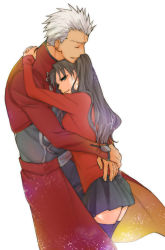 Rule 34 | 1boy, 1girl, archer (fate), black hair, black thighhighs, bow, closed eyes, couple, f-tani, fate/stay night, fate (series), green eyes, hair bow, hair ribbon, height difference, hetero, hug, long hair, miniskirt, ribbon, short hair, size difference, skirt, thighhighs, tohsaka rin, turtleneck, twintails, two side up, type-moon, white hair, zettai ryouiki
