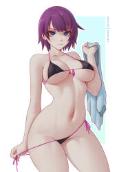 1girl absurdres bikini black_bikini black_eyes blue_background blue_shirt breasts closed_mouth collarbone commentary english_commentary highres holding holding_shirt holding_unworn_clothes large_breasts looking_at_viewer melowh monogatari_(series) navel patreon_username purple_hair senjougahara_hitagi shirt short_hair side-tie_bikini_bottom solo standing swimsuit thighs two-tone_background white_background