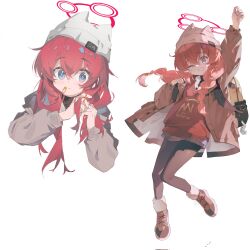 Rule 34 | 1girl, arm up, b zhan cm yang, backpack, bag, beanie, binah (blue archive), black pantyhose, blue archive, blue eyes, braid, brown jacket, brown vest, collared shirt, grey headwear, grin, hair between eyes, hat, highres, jacket, long hair, long sleeves, maki (blue archive), maki (camp) (blue archive), multiple views, official alternate costume, official alternate hairstyle, one eye closed, open clothes, open jacket, pantyhose, red hair, shirt, smile, twin braids, vest, white shirt