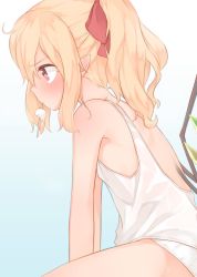Rule 34 | 1girl, bare arms, blonde hair, blush, bow, crystal, flandre scarlet, from side, hair bow, half updo, highres, leaning forward, mouth hold, no pants, panties, pointy ears, profile, red bow, red eyes, sakurea, shirt, simple background, sitting, solo, sweat, tank top, touhou, underwear, underwear only, white background, white panties, white shirt, wings