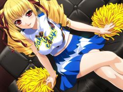 Rule 34 | 1girl, blonde hair, blush, breasts, cheerleader, clothes writing, couch, game cg, hair ribbon, ino (magloid), large breasts, crossed legs, long hair, midriff, oshioki sweetie, pom pom (cheerleading), red eyes, ribbon, ringlets, shinmeiji rinn, sitting, skirt, smile, solo, twintails