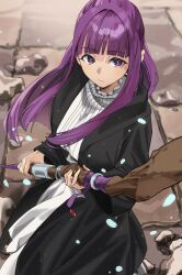 Rule 34 | 1girl, absurdres, black coat, black robe, blunt bangs, coat, dress, expressionless, fern (sousou no frieren), hands up, highres, holding, holding staff, lewdrawings, long hair, long sleeves, looking at viewer, mage staff, open clothes, open coat, outdoors, petals, purple eyes, purple hair, robe, rubble, solo, sousou no frieren, staff, straight hair, upper body, white dress