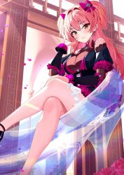 Rule 34 | 1girl, bare shoulders, black footwear, blush, breasts, closed mouth, commentary, crossed legs, earrings, frills, gem, glass slipper, hair between eyes, hair intakes, hair ribbon, hand on own cheek, hand on own face, hand up, highres, idolmaster, idolmaster cinderella girls, jewelry, jougasaki mika, large breasts, long hair, looking at viewer, oversized object, pink hair, ribbon, sitting, solo, sutoroa, thighs, two side up, yellow eyes