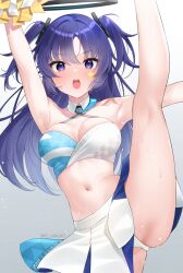 Rule 34 | 1girl, armpits, arms up, blue archive, blush, breasts, cheering, cheerleader, clothes writing, detached collar, facial mark, halo, halterneck, highres, holding, holding pom poms, kneepits, large breasts, long hair, looking at viewer, mechanical halo, millennium cheerleader outfit (blue archive), navel, open mouth, pom pom (cheerleading), pom poms, purple eyes, purple hair, skirt, solo, split, standing, standing on one leg, standing split, star (symbol), twitter username, two side up, white skirt, yamamura umi, yuuka (blue archive)
