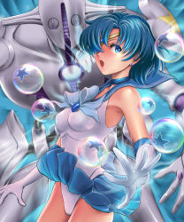 Rule 34 | 1girl, :o, armpits, bare shoulders, bishoujo senshi sailor moon, blue bow, blue eyes, blue hair, blue sailor collar, bow, brooch, bubble, choker, circlet, clothes lift, colored eyelashes, cowboy shot, crossover, earrings, elbow gloves, foreshortening, from side, gem, gloves, hair over one eye, jewelry, jojo no kimyou na bouken, jojolion, leotard, lipstick, looking at viewer, magical girl, makeup, miniskirt, mizuno ami, open mouth, pleated skirt, sailor collar, sailor mercury, short hair, skirt, skirt lift, soft &amp; wet, sonota taisei, stand (jojo), star (symbol), surprised, tiara, white gloves, wind, wind lift