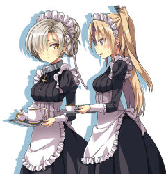Rule 34 | 2girls, absurdres, alternate costume, apron, azur lane, black dress, blonde hair, braid, chain, cleveland (azur lane), collar, cross, dress, enmaided, french braid, frilled apron, frills, hair over one eye, highres, holding, holding tray, juliet sleeves, long hair, long sleeves, macaroni hourensou, maid, maid apron, maid headdress, multiple girls, one side up, open mouth, platinum blonde hair, puffy sleeves, red eyes, sheffield (azur lane), short hair, simple background, tray, waist apron, white apron, white background, yellow eyes