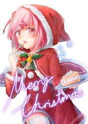 Rule 34 | 1girl, absurdres, blush, cake, christmas, commentary, doki doki literature club, dress, english commentary, food, fork, fur-trimmed headwear, fur-trimmed sleeves, fur trim, hair ornament, hair ribbon, hairclip, hat, highres, long sleeves, looking at viewer, merry christmas, natsuki (doki doki literature club), open mouth, pink hair, plate, pom pom (clothes), red eyes, red hat, red ribbon, ribbon, santa dress, santa hat, short hair, simple background, solo, thighhighs, tongue, twitter username, two side up, white background, white thighhighs, wide sleeves, yu cha