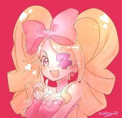 Rule 34 | 1girl, :d, blonde hair, bow, breasts, cleavage, drill hair, eyepatch, fingernails, hair bow, harime nui, index finger raised, kill la kill, looking at viewer, mika pikazo, one eye covered, open mouth, pink background, pink bow, pink eyes, signature, simple background, smile, solo, twin drills, twintails, upper body