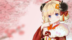 Rule 34 | 1girl, ahoge, blonde hair, blurry, blurry background, blush, bow, closed mouth, commentary request, curled horns, depth of field, double bun, fur collar, hair between eyes, hair bow, hair bun, hand up, highres, hololive, horns, japanese clothes, kimono, long sleeves, looking at viewer, lunacats, obi, orange kimono, purple eyes, red bow, red kimono, sash, sheep horns, smile, solo, tsunomaki watame, tsunomaki watame (new year), twitter username, virtual youtuber, wide sleeves