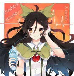 Rule 34 | 1girl, absurdres, ahoge, black wings, bow, brown eyes, capelet, commentary request, cup, drinking glass, drinking straw, earphones, facing viewer, flat chest, green bow, hair between eyes, hand on own ear, hand on own ear, highres, long hair, looking at viewer, orange background, reiuji utsuho, short sleeves, smile, solo, suspenders, third eye, touhou, upper body, wing collar, wings, yamaarashi (kakamiaku)