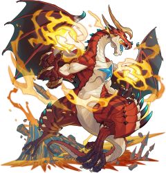 Rule 34 | animal focus, artist request, black sclera, castle, claws, colored sclera, dragon, eruption, fire, full body, hands up, highres, horns, looking at viewer, lava, muscular, no humans, non-web source, official art, open mouth, orange eyes, orb, outdoors, red theme, rubble, sharp teeth, simple background, solo, spiked tail, tail, teeth, transparent background, vagner (world flipper), volcano, wings, world flipper