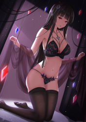 Rule 34 | 1girl, backlighting, bare shoulders, black bra, black hair, black panties, black thighhighs, bra, breasts, commission, dutch angle, glass (tate no yuusha no nariagari), kneeling, lingerie, long hair, looking at viewer, medium breasts, multi-strapped bra, navel, nev (nevblindarts), no shoes, panties, parted lips, red eyes, shawl, solo, stomach, string bra, string panties, tate no yuusha no nariagari, thighhighs, thighs, underwear, underwear only