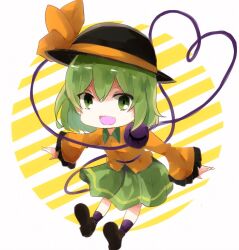 Rule 34 | 1girl, aridamikannn, black hat, blouse, brown footwear, chibi, collared shirt, diagonal stripes, frilled sleeves, frills, full body, green eyes, green hair, green skirt, hair between eyes, happy, hat, hat ribbon, heart, heart of string, komeiji koishi, leaning forward, long sleeves, looking at viewer, medium hair, open mouth, outstretched arms, purple socks, ribbon, shirt, shoe soles, shoes, skirt, socks, solo, spread arms, striped, striped background, third eye, touhou, white background, wide sleeves, yellow ribbon, yellow shirt