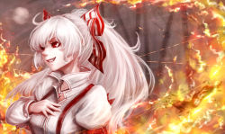 Rule 34 | 1girl, alternate hairstyle, bamboo, bow, fire, fujiwara no mokou, grin, hair bow, hoshibuchi, jewelry, juliet sleeves, long hair, long sleeves, necklace, pendant, ponytail, puffy sleeves, red eyes, shirt, silver hair, smile, solo, suspenders, touhou, very long hair
