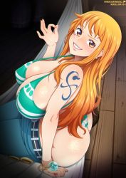 Rule 34 | 1girl, ass, bikini, bikini under clothes, breasts, cleavage, female focus, huge breasts, large breasts, long hair, looking at viewer, nami (one piece), neocoill, one piece, orange hair, shoulder tattoo, smile, solo, swimsuit, tattoo, thong bikini, wooden floor