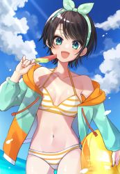 Rule 34 | 1girl, :d, bikini, bikini under clothes, black hair, blue eyes, blue jacket, blue sky, blush, breasts, cleavage, cloud, cloudy sky, collarbone, commentary, cowboy shot, day, food, fruit, hairband, highres, holding, holding food, holding fruit, holding swim ring, hololive, hood, hooded jacket, innertube, jacket, light rays, looking at viewer, medium breasts, nail polish, navel, ocean, off shoulder, official alternate costume, oozora subaru, oozora subaru (hololive summer 2019), open clothes, open jacket, open mouth, orange bikini, outdoors, parted bangs, polka dot, polka dot hairband, popsicle, red nails, short hair, sky, smile, solo, stomach, striped bikini, striped clothes, sunlight, swim ring, swimsuit, toramaru (toramal9831), two-tone bikini, virtual youtuber, watermelon bar, white bikini
