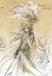 Rule 34 | 1boy, armor, branch, breastplate, cape, closed mouth, dated, glorfindel, gloves, highres, holding, holding sword, holding weapon, kazuki-mendou, tolkien&#039;s legendarium, long hair, looking at viewer, male focus, monochrome, signature, solo, sword, the silmarillion, torch, weapon, yellow theme