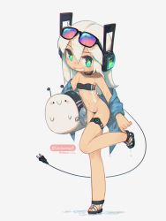 Rule 34 | 1girl, absurdres, adjusting footwear, aqua eyes, artist name, bare shoulders, blue jacket, breasts, cable, collar, commentary, dated, digitan (porforever), electric plug, english commentary, eyewear on head, full body, grin, gris swimsuit, hair between eyes, hashtag, headphones, highres, jacket, lightning bolt symbol, looking at viewer, meme attire, navel, off shoulder, open clothes, open jacket, original, porforever, sandals, see-through, see-through swimsuit, simple background, small breasts, smile, snail, solo, standing, standing on one leg, star-shaped pupils, star (symbol), sunglasses, swimsuit, symbol-shaped pupils, tail, thigh strap, water drop, white background, white hair