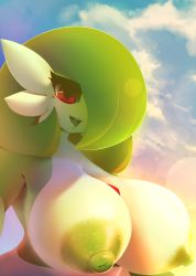 Rule 34 | 1girl, blue background, breasts, cloud, colored nipples, creatures (company), game freak, gardevoir, gen 3 pokemon, green hair, green nipples, hair over one eye, highres, huge breasts, large areolae, mystical, nintendo, nipples, no humans, open mouth, pokemon, pokemon (creature), pokemon rse, red eyes, short hair, sky, smile, solo, sunset, teeth