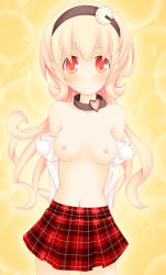 Rule 34 | 10s, 1girl, bare pectorals, blonde hair, breasts, compa, hairband, highres, long hair, neptune (series), nipples, pectorals, skirt, small breasts, smile, solo, sweater, tapioka (coconuts), topless, undressing, yellow eyes