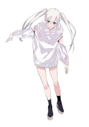 Rule 34 | 1girl, aqua eyes, bad id, bad twitter id, black footwear, highres, long hair, no pants, open mouth, original, reflective clothes, shiomi (lowrise), simple background, solo, twintails, white background, white hair, white theme, zipper, zipper pull tab