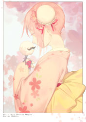 Rule 34 | 10s, 1girl, absurdres, alternate costume, alternate hairstyle, black border, border, bun cover, character name, cherry blossoms, closed mouth, copyright name, cotton candy, earrings, eyelashes, fake facial hair, fake mustache, fe (sakura), floral background, floral print, flower, food, from side, hair flower, hair ornament, hair up, highres, holding, holding food, japanese clothes, jewelry, kaname madoka, kimono, mahou shoujo madoka magica, mahou shoujo madoka magica (anime), nail polish, neck, obi, pink flower, pink hair, pink lips, pink nails, profile, sash, sidelocks, solo, ultimate madoka, upper body, yellow eyes, yukata