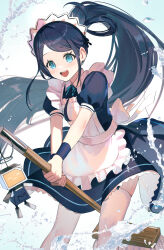 Rule 34 | 1girl, :d, apron, aris (blue archive), aris (maid) (blue archive), black hair, blue archive, blue eyes, broom, commentary request, dolce (dolsuke), highres, holding, holding broom, long hair, looking at viewer, maid, maid apron, maid headdress, official alternate costume, open mouth, ponytail, puffy short sleeves, puffy sleeves, short sleeves, smile, solo, standing, thighhighs, very long hair, white thighhighs