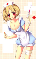 Rule 34 | 1girl, :3, apron, bad id, bad pixiv id, bandages, blonde hair, blush, bow, breasts, cleavage, drugs, hat, highres, large breasts, leaning forward, nurse, nurse cap, open mouth, original, pill, red eyes, short hair, solo, syringe, yuga, yugaa