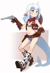 Rule 34 | 1girl, alternate costume, animated, bandana, bare shoulders, belt, bikini, blue eyes, blue hair, boots, brown belt, brown gloves, cowboy, cowboy hat, cowboy western, cropped jacket, denim, denim shorts, dudul, fang, female focus, fins, fish tail, flat chest, fur-trimmed boots, fur trim, gawr gura, gloves, gun, handgun, hat, high heels, holding, holding weapon, hololive, hololive english, leaning back, looping animation, multicolored hair, navel, petite, red bandana, revolver, shark girl, shark tail, short shorts, shorts, simple background, skin fang, sleeveless, sleeveless jacket, smile, smith &amp; wesson model 3, stomach, streaked hair, swimsuit, tail, video, virtual youtuber, weapon, western, white background, white hair