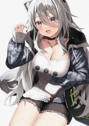 Rule 34 | 1girl, animal ears, black nails, black shorts, blush, breasts, choker, cleavage, coat, collarbone, cutoffs, ear piercing, fur trim, grey eyes, grey hair, hair between eyes, highres, hololive, jewelry, koba (kobako42), large breasts, lion ears, lion girl, lion tail, long bangs, long hair, long sleeves, looking at viewer, messy hair, necklace, official alternate costume, open clothes, open coat, open mouth, piercing, print shirt, shirt, shishiro botan, shishiro botan (casual), short shorts, shorts, sitting, sleeves past wrists, smile, solo, tail, thigh gap, very long hair, virtual youtuber