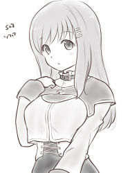Rule 34 | 1girl, bad ci-en id, bad id, breasts, closed mouth, corset, greyscale, hair ornament, hairclip, kiikii (kitsukedokoro), long hair, looking at viewer, monochrome, simple background, solo, sophia esteed, star ocean, star ocean till the end of time, white background