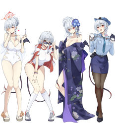 Rule 34 | 1girl, ^ ^, absurdres, adjusting eyewear, bare shoulders, blue archive, blush, braid, breasts, buruma, cleavage, closed eyes, clothing cutout, collarbone, covered navel, crossed legs, demon tail, demon wings, fork, full body, grey hair, gym shirt, hair bun, halo, hand on eyewear, haruna (blue archive), haruna (new year) (blue archive), highres, holding, holding fork, holding rope, jacket, japanese clothes, kimono, kimono pull, large breasts, leaning forward, looking at viewer, multiple persona, one-piece swimsuit, pantyhose, pencil skirt, police, police uniform, policewoman, purple kimono, red buruma, red eyes, rope, shirt, side cutout, simple background, single braid, single hair bun, single wing, skirt, smile, sunglasses, swimsuit, tail, tail wagging, track jacket, uniform, watson cross, white background, white one-piece swimsuit, wings, yoru0409, yukata