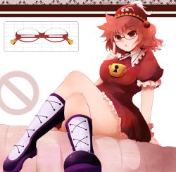 Rule 34 | 1girl, :o, adjusting eyewear, arano oki, arm support, bed, bespectacled, boots, cross-laced footwear, crossed legs, dress, frilled dress, frilled shirt collar, frilled sleeves, frills, glasses, hair bobbles, hair ornament, hat, kawashiro mitori, legs, lock, no symbol, original, petticoat, puffy short sleeves, puffy sleeves, purple footwear, red dress, red eyes, red hair, road closed to vehicles sign, road sign, semi-rimless eyewear, shoes, short hair, short sleeves, short twintails, sign, solo, touhou, tsurime, twintails, wrist cuffs