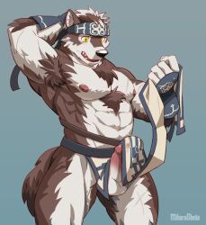 Rule 34 | 1boy, abs, ainu, ainu clothes, animal ears, armpit hair, armpits, bara, bulge, chest hair, erection, erection under clothes, feet out of frame, from side, furry, furry male, grey fur, grey hair, highres, horkeu kamui, kakushimi (miharushoka), large pectorals, loincloth lift, male focus, muscular, muscular male, nipples, pectorals, penis, penis peek, scratching head, short hair, solo, standing, stomach, strongman waist, thick eyebrows, thick thighs, thighs, tokyo houkago summoners, topless male, two-tone fur, wolf boy, wolf ears, yellow eyes